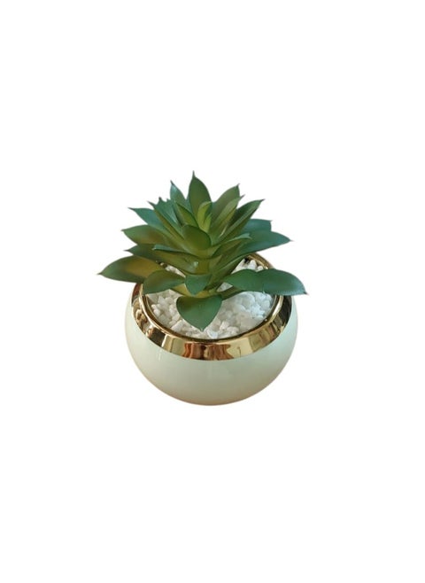 "An elegant, circular decorative vase made of mint green ceramic with a shiny gold finish on top. It features a green faux succulent plant surrounded by white pebbles, adding a touch of sophistication and tranquility to any office or corner of the home. "