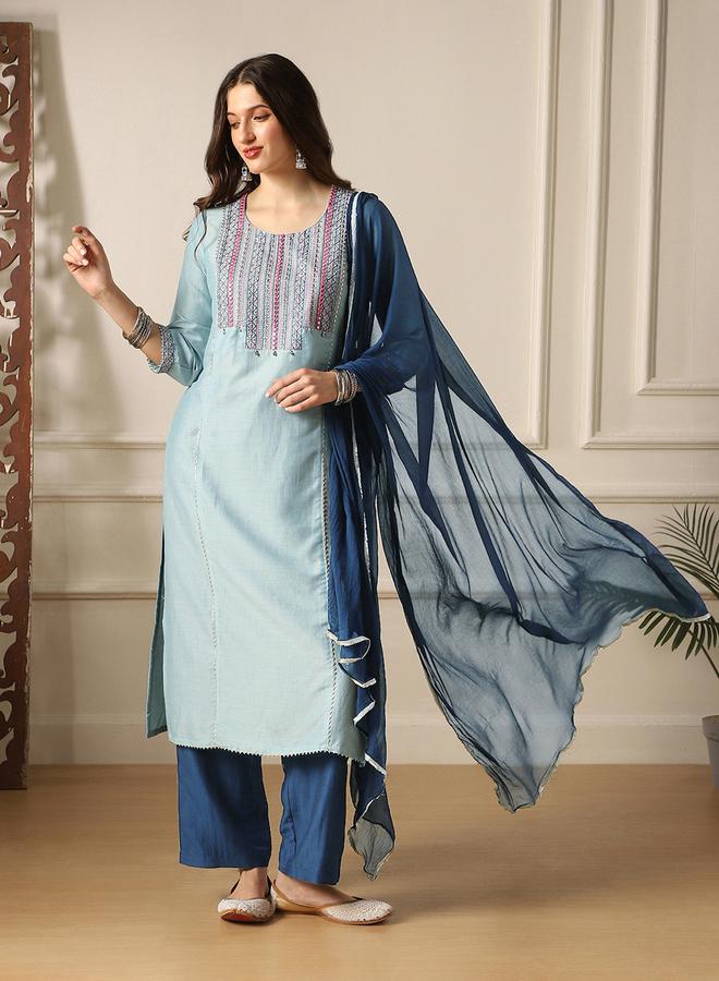 globus Embroidered Yoke Straight Kurta, Pants and Dupatta Festive Set - Image 1