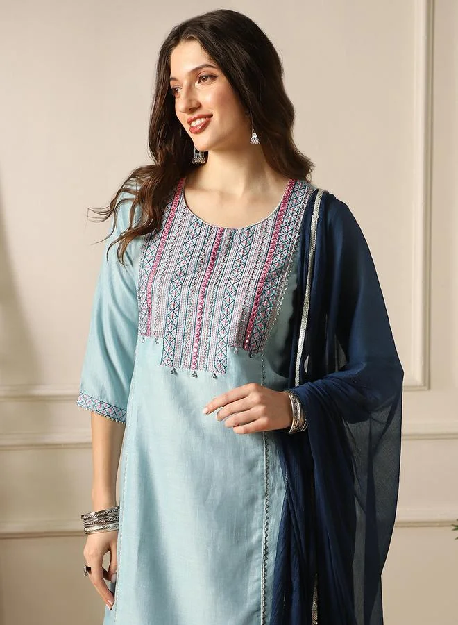 globus Embroidered Yoke Straight Kurta, Pants and Dupatta Festive Set