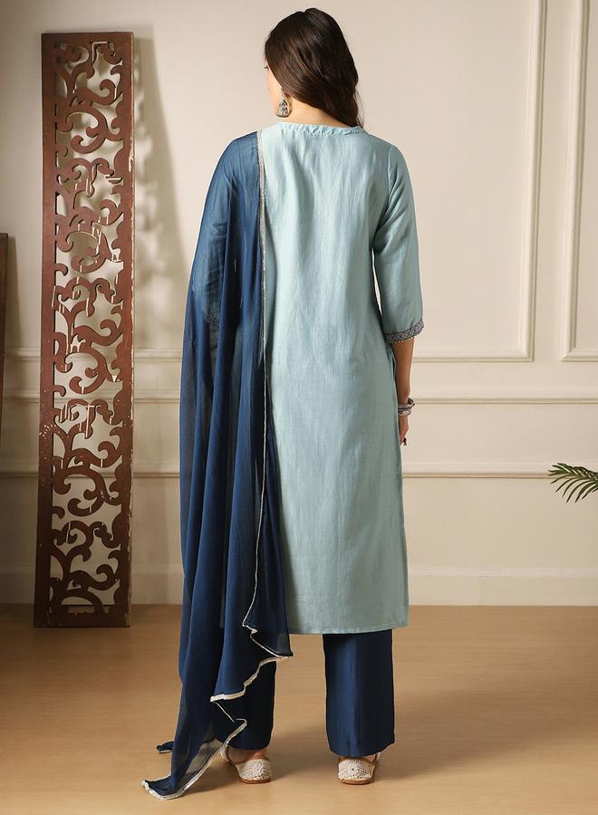globus Embroidered Yoke Straight Kurta, Pants and Dupatta Festive Set - Image 3