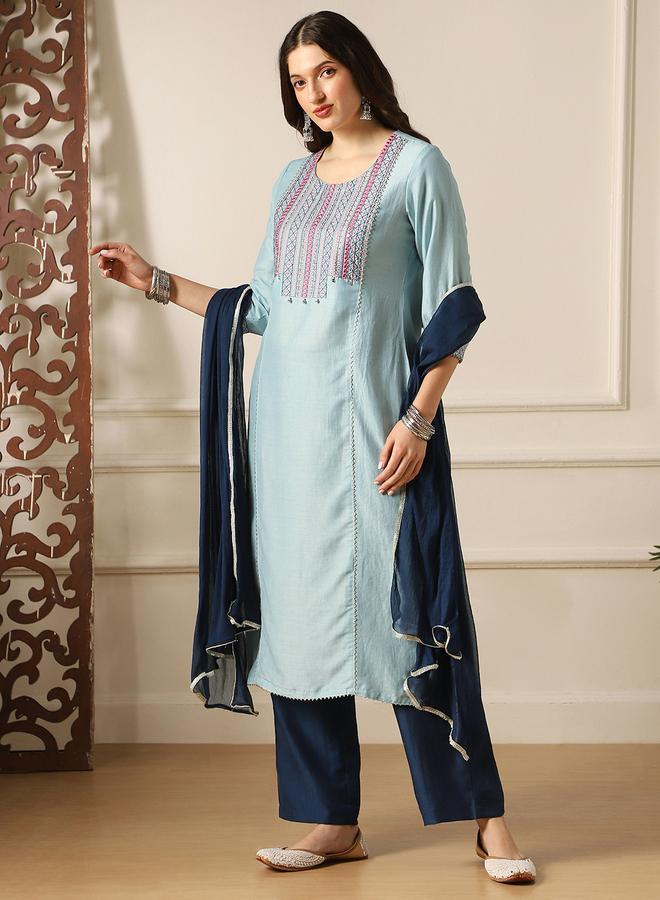 globus Embroidered Yoke Straight Kurta, Pants and Dupatta Festive Set - Image 2