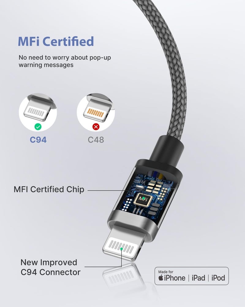 اييونوس كابل USB-C إلى Lightning بطول 2 متر، كابل شحن iPhone معتمد من MFi، كابل شحن من نوع USB-C، شحن سريع متوافق مع iPhone 11 12 13 14 Pro Max X XS XR 8 Plus iPad - Image 3