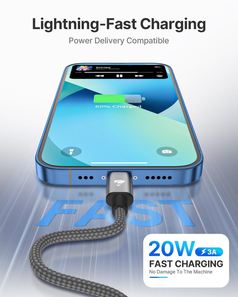 اييونوس كابل USB-C إلى Lightning بطول 2 متر، كابل شحن iPhone معتمد من MFi، كابل شحن من نوع USB-C، شحن سريع متوافق مع iPhone 11 12 13 14 Pro Max X XS XR 8 Plus iPad - Image 4