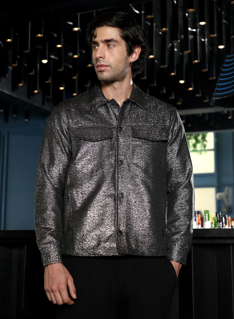 Campus Sutra Men Gleam Utility-Jacquard Bomber Jacket | Point Collar, Long Button-Cuff Sleeves | Zipper , Band-Straight Hem | Abstract Jacquard Woven Fabric For Casual & Daily Wear | Charcoal Silver