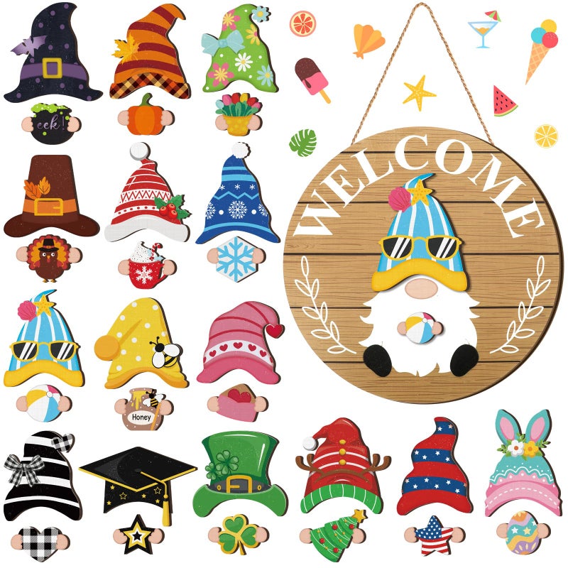 Qunclay Interchangeable Wooden Gnome Decor Holiday Seasonal Gnome Decorations with Magnet Pieces and Detachable Hats Changeable Welcome Sign for HomeDelicate Style