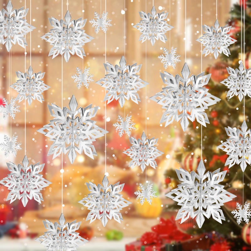 24PCS Snowflake Christmas Decorations 3D Large Silver Paper Snowflakes Garland Hanging Snow Flakes for Winter Wonderland Christmas Party Decorations Holiday New Year Home Decor Argent Silver