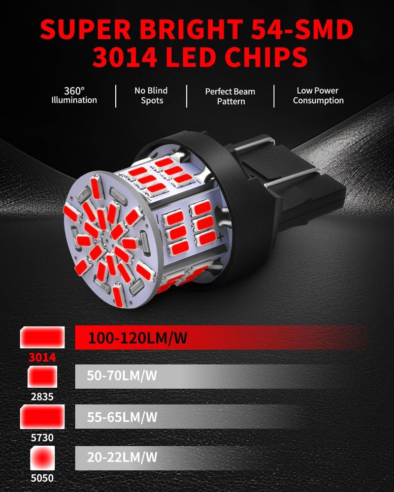 AUXLIGHT 7443 LED Bulbs 54-SMD 300% Super Bright 7444 7440 T20 922 7442 W21W LED Light Replacement for Car Brake Tail Parking Turn Signal Lights, Brilliant Red(Pack of 6) - Image 3