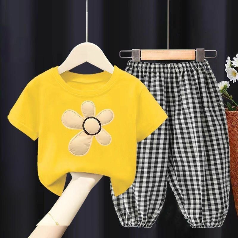 Girls'' Thin Summer Outfit Set, Two-Piece Short-Sleeve Shirt, Mosquito-Proof Long Pants for Toddlers, Other Summer Clothing - Image 2