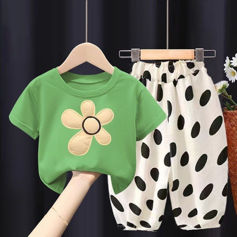 Girls'' Thin Summer Outfit Set, Two-Piece Short-Sleeve Shirt, Mosquito-Proof Long Pants for Toddlers, Other Summer Clothing - Image 1