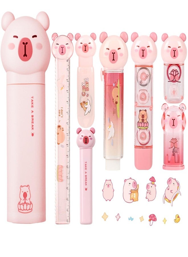 Daphilly Cute Pink Capybara School Supplies,Capybara Stationary Gift Set,Kawaii Japanese Stationery Birthday GIFS, Includes Pencil Sharpener,Eraser,Correction Tape,Stickers,Ruler,for Office School Supplies - Image 1