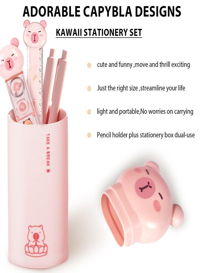 Daphilly Cute Pink Capybara School Supplies,Capybara Stationary Gift Set,Kawaii Japanese Stationery Birthday GIFS, Includes Pencil Sharpener,Eraser,Correction Tape,Stickers,Ruler,for Office School Supplies - Image 4