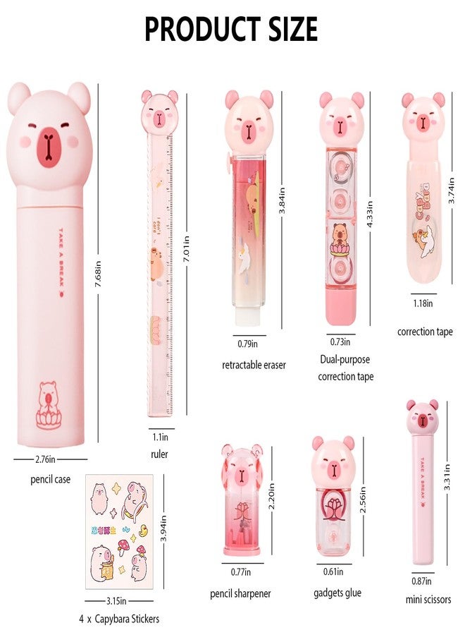 Daphilly Cute Pink Capybara School Supplies,Capybara Stationary Gift Set,Kawaii Japanese Stationery Birthday GIFS, Includes Pencil Sharpener,Eraser,Correction Tape,Stickers,Ruler,for Office School Supplies - Image 2