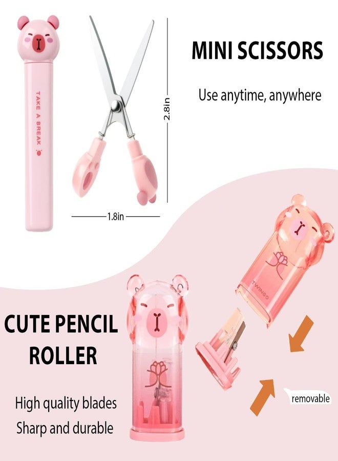 Daphilly Cute Pink Capybara School Supplies,Capybara Stationary Gift Set,Kawaii Japanese Stationery Birthday GIFS, Includes Pencil Sharpener,Eraser,Correction Tape,Stickers,Ruler,for Office School Supplies - Image 3