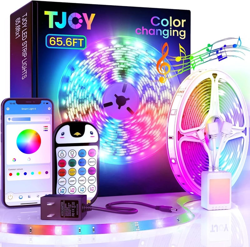 TJOY 65.6ft Kids Bluetooth LED Strip Lights, Music Sync Tape Lighting RGB Color Changing Lighting with Penguin Style Remote, APP Control, LED Lightis for Bedroom, Room DIY (APP+Remote+Mic) - Image 1