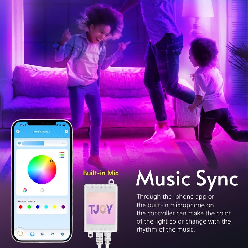 TJOY 65.6ft Kids Bluetooth LED Strip Lights, Music Sync Tape Lighting RGB Color Changing Lighting with Penguin Style Remote, APP Control, LED Lightis for Bedroom, Room DIY (APP+Remote+Mic) - Image 4