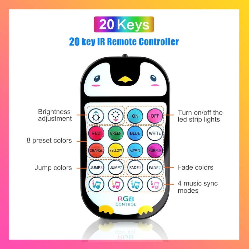 TJOY 65.6ft Kids Bluetooth LED Strip Lights, Music Sync Tape Lighting RGB Color Changing Lighting with Penguin Style Remote, APP Control, LED Lightis for Bedroom, Room DIY (APP+Remote+Mic) - Image 3
