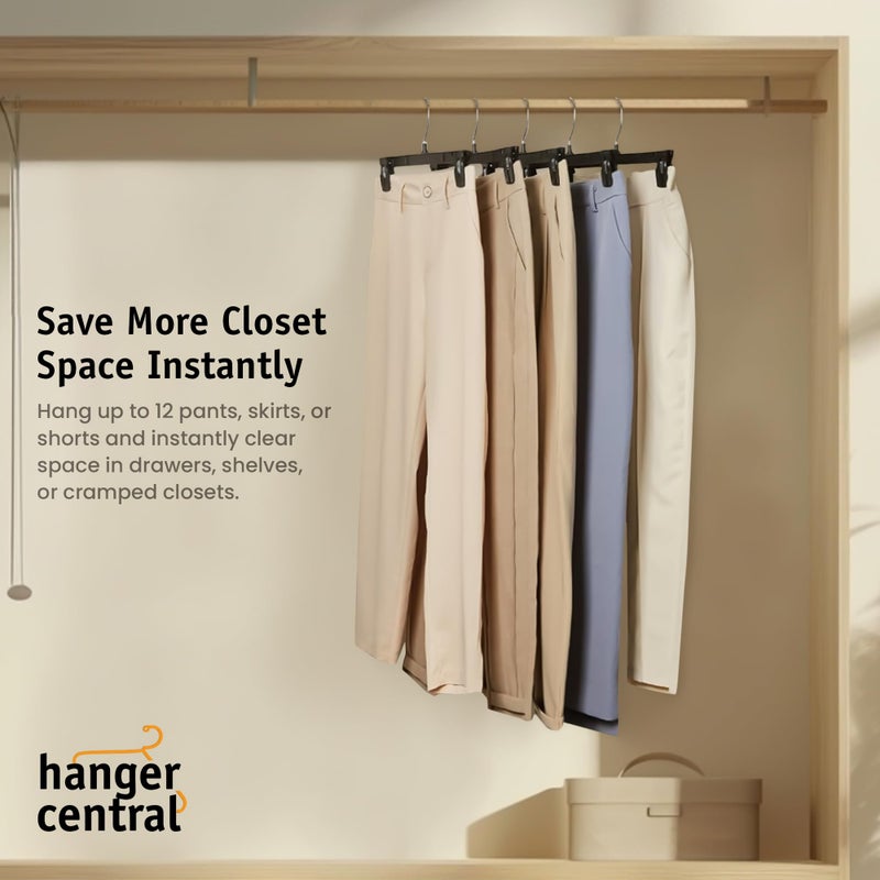 Hanger Central 12 Pack Pants Hangers â€“ 12 Inch Slim Plastic Clothes Hangers with Clips for Skirts, Pants, Shorts â€“ Space Saving Heavy Duty Closet Organizer with Non Slip Grip & Swivel Hook â€“ Black - Image 4