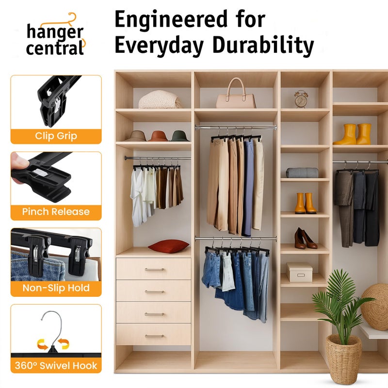 Hanger Central 12 Pack Pants Hangers â€“ 12 Inch Slim Plastic Clothes Hangers with Clips for Skirts, Pants, Shorts â€“ Space Saving Heavy Duty Closet Organizer with Non Slip Grip & Swivel Hook â€“ Black - Image 5