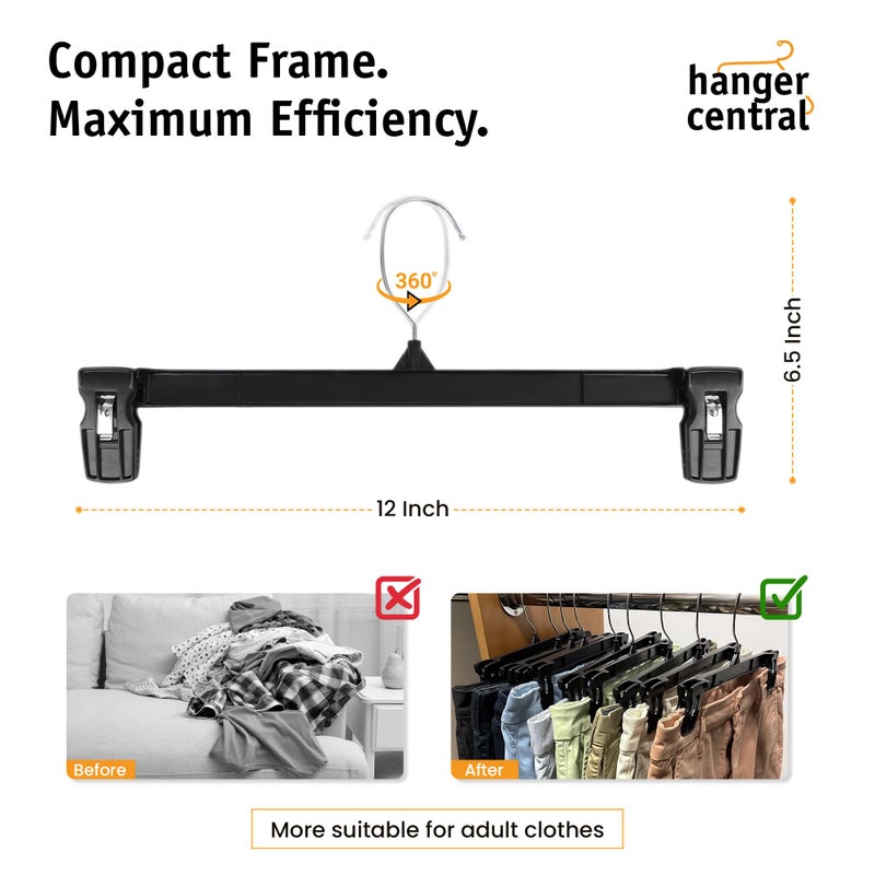Hanger Central 12 Pack Pants Hangers â€“ 12 Inch Slim Plastic Clothes Hangers with Clips for Skirts, Pants, Shorts â€“ Space Saving Heavy Duty Closet Organizer with Non Slip Grip & Swivel Hook â€“ Black - Image 3