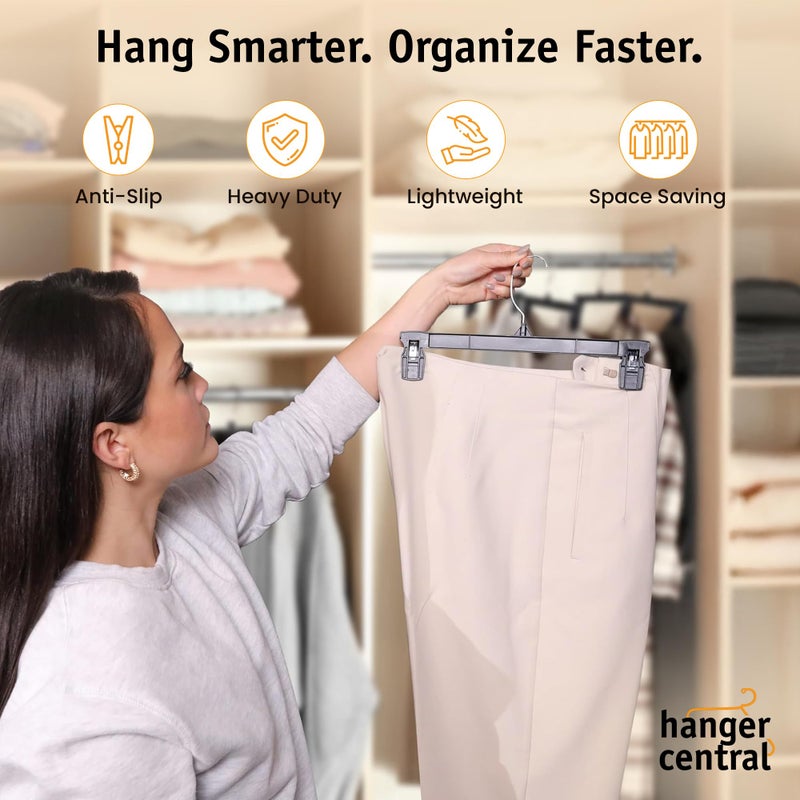 Hanger Central 12 Pack Pants Hangers â€“ 12 Inch Slim Plastic Clothes Hangers with Clips for Skirts, Pants, Shorts â€“ Space Saving Heavy Duty Closet Organizer with Non Slip Grip & Swivel Hook â€“ Black - Image 2