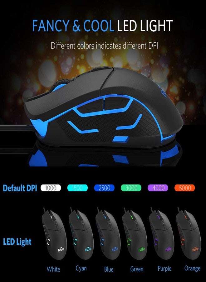 FIODIO Wired Gaming Mouse, 5500 DPI, Breathing Light, Ergonomic Game USB Computer Mice RGB Gamer Desktop Laptop PC Gaming Mouse, 7 Colors RGB Lighting, 6 Buttons for Windows 7/8 / 10, Black - Image 2