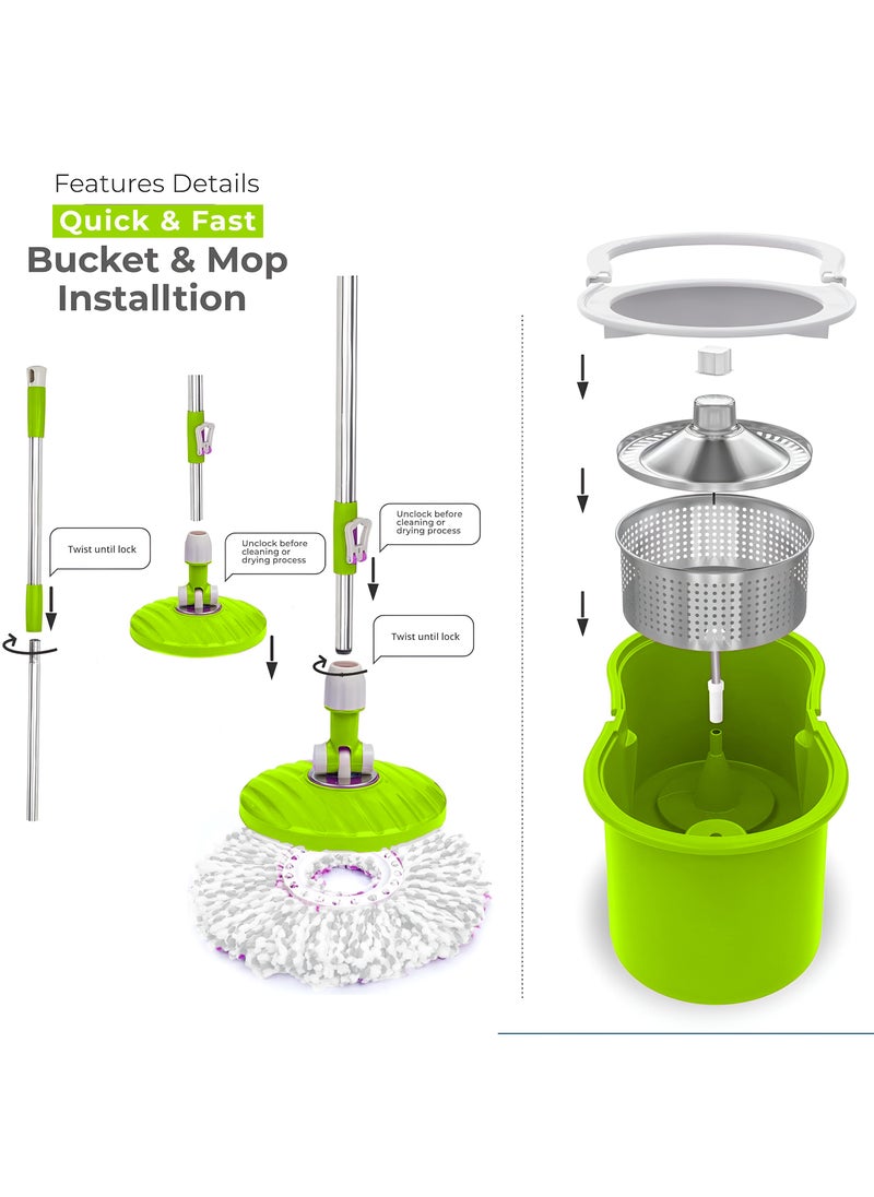 HOME 4 YOU - Spin Mop For Floor Cleaning Stainless Steel Mop and Bucket With Telescopic Handle Hands Free Wringing Floor Mop With 6L Large Capacity and Reusable Refills For Home Office Green - Image 1