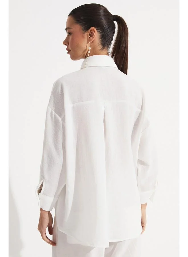 جون June Loose Fit Embroidery Detailed Shirt White