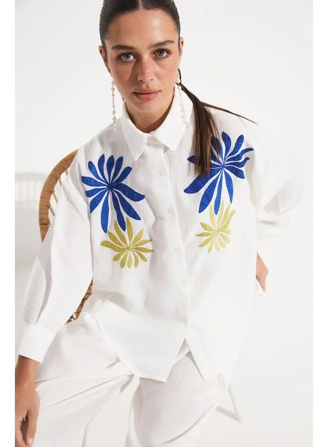 جون June Loose Fit Embroidery Detailed Shirt White
