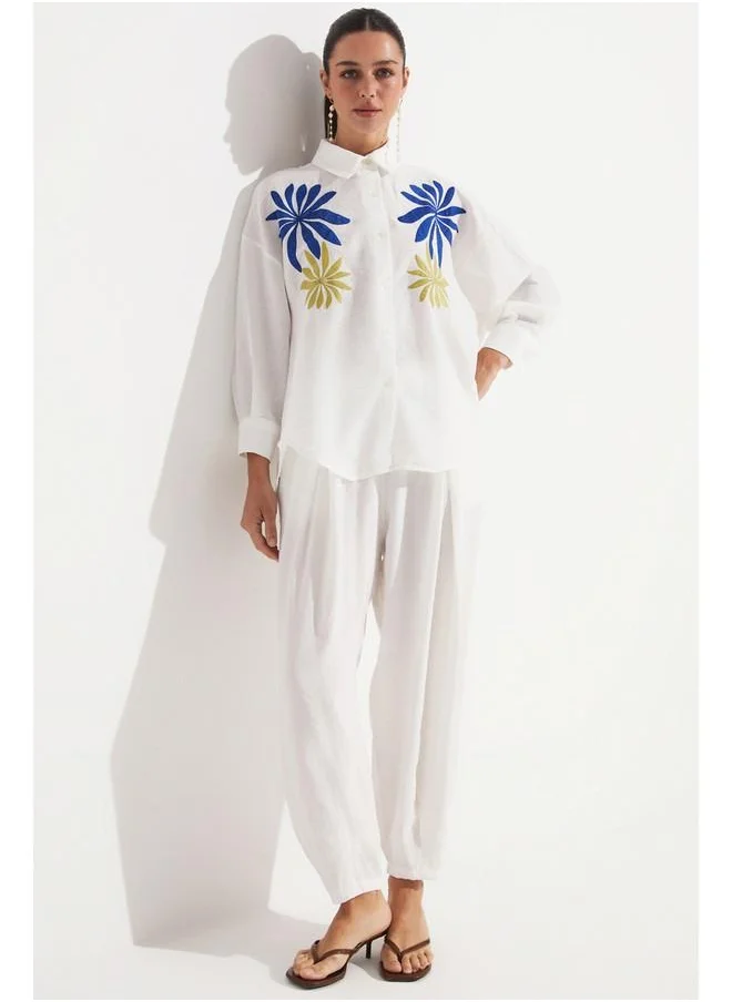 جون June Loose Fit Embroidery Detailed Shirt White