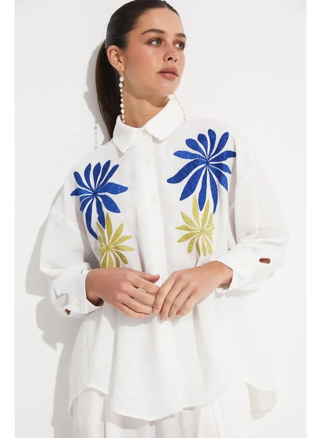 جون June Loose Fit Embroidery Detailed Shirt White