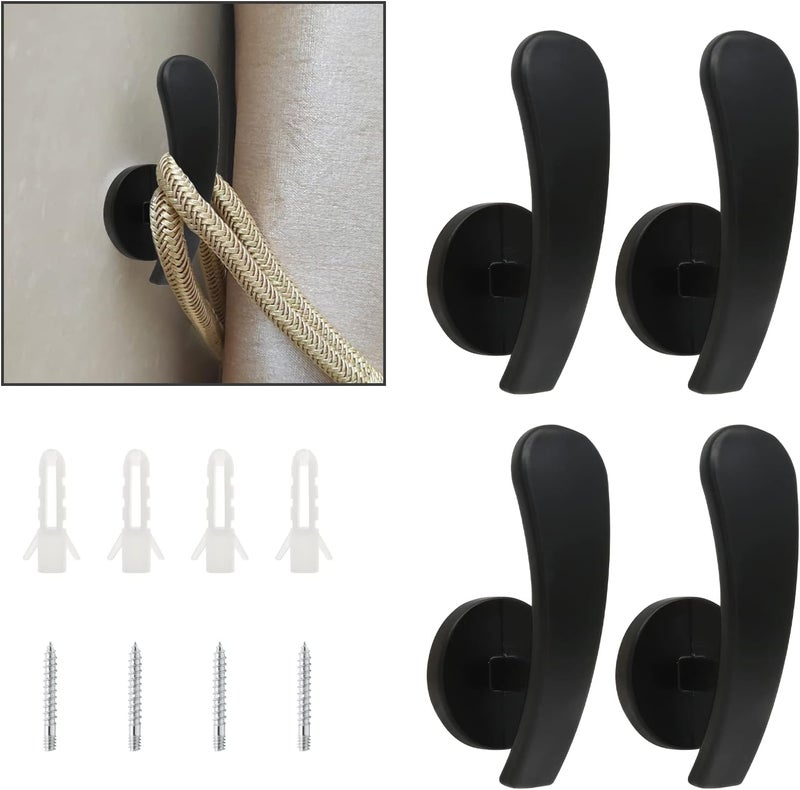 Rierdge 4 Pack Black Curtain Tieback Hooks, Curtain Holdback Hooks for Wall Mounted, Decorative Hooks Drapery Tiebacks with Screws (4 Pack Black) - Image 1