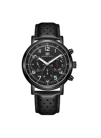 KENNETH SCOTT Men's Leather  Analog Watch K24119-BLBB - 44 mm
