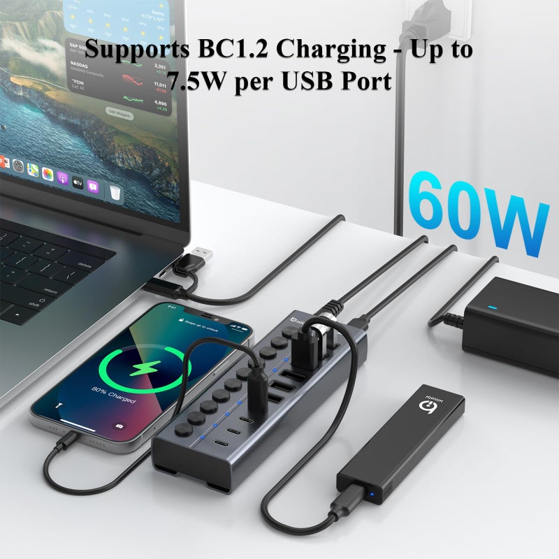 xiaobi Powered USB Hub, 10-Port USB C Hub with 6 USB-A 3.2, 4 USB-C 3.2 Ports, Individual Switches and 12V/5A Power Adapter, Aluminum USB Extension for MacBook, Laptop/PC and More. - Image 4