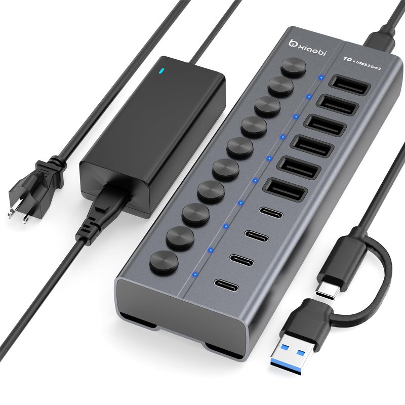 xiaobi Powered USB Hub, 10-Port USB C Hub with 6 USB-A 3.2, 4 USB-C 3.2 Ports, Individual Switches and 12V/5A Power Adapter, Aluminum USB Extension for MacBook, Laptop/PC and More. - Image 1