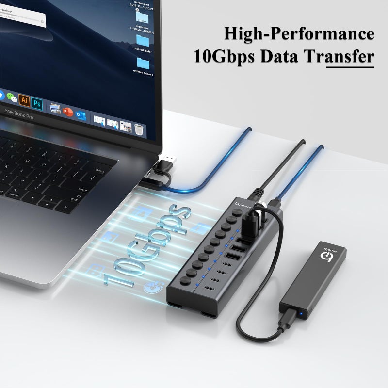 xiaobi Powered USB Hub, 10-Port USB C Hub with 6 USB-A 3.2, 4 USB-C 3.2 Ports, Individual Switches and 12V/5A Power Adapter, Aluminum USB Extension for MacBook, Laptop/PC and More. - Image 3