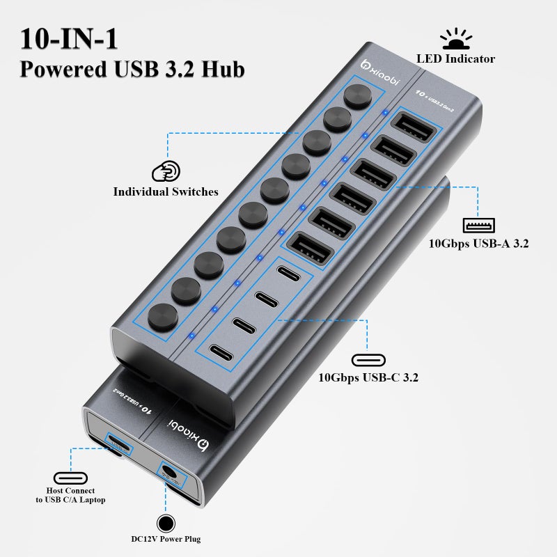 xiaobi Powered USB Hub, 10-Port USB C Hub with 6 USB-A 3.2, 4 USB-C 3.2 Ports, Individual Switches and 12V/5A Power Adapter, Aluminum USB Extension for MacBook, Laptop/PC and More. - Image 2