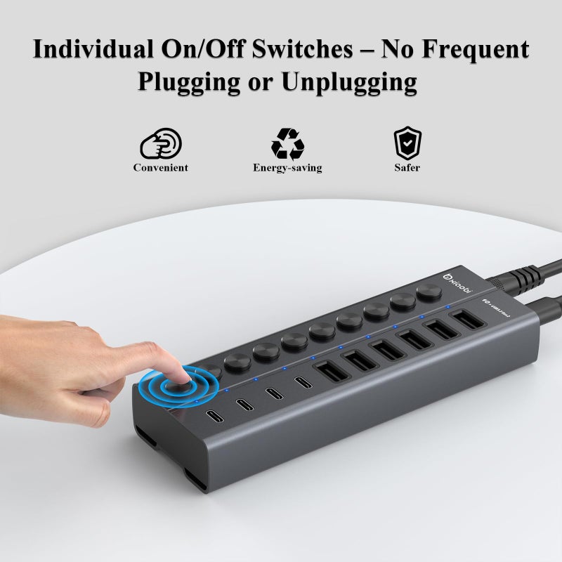 xiaobi Powered USB Hub, 10-Port USB C Hub with 6 USB-A 3.2, 4 USB-C 3.2 Ports, Individual Switches and 12V/5A Power Adapter, Aluminum USB Extension for MacBook, Laptop/PC and More. - Image 5