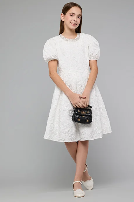 R&b Textured Fit & Flare Dress with Crew Neck and Puff Sleeves