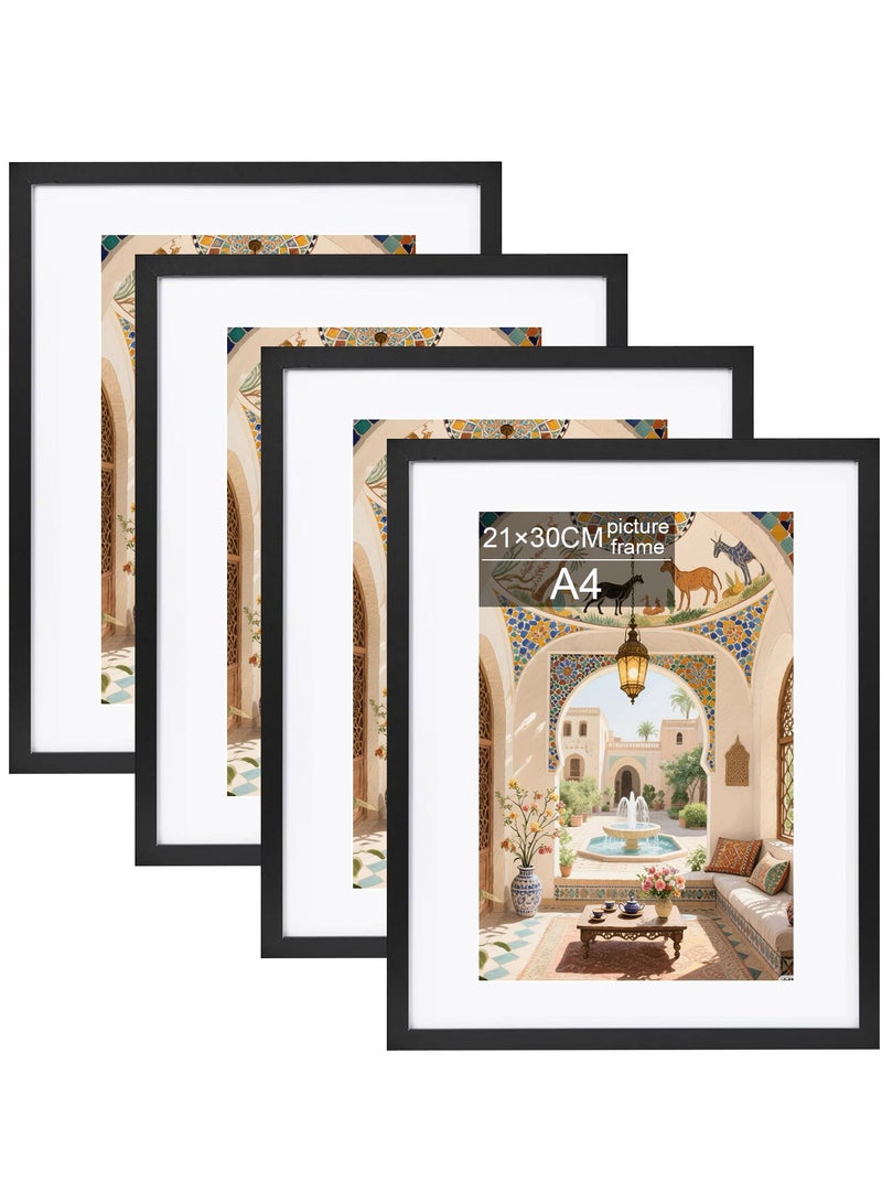 Oasisgalore A4 Picture Frame Set of4, Display Pictures 15x20CM with Mat or 21x30CM Without, Wall Gallery Poster Frames, Black - Image 1