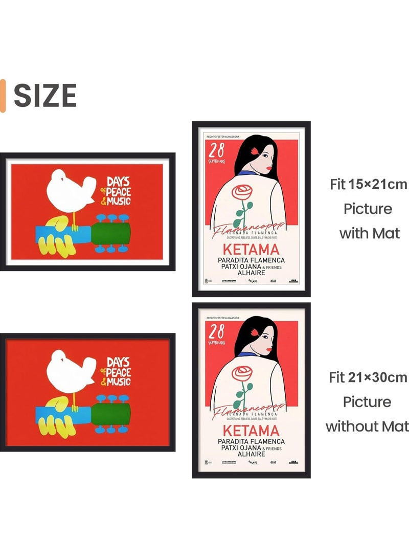 A4 Picture Frame Set of4, Display Pictures 15x20CM with Mat or 21x30CM Without, Wall Gallery Poster Frames, Black