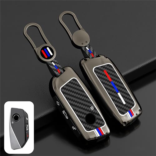 OLLEN Heavy Zinc Alloy Key Fob Cover, Fit for BMW 2023~up New 5/7 Series 740i 760i X1 X2 X3 X5 X6 X7 XM IX IX3 I5 I7 ect, Full Protection Remote Fob Cover with Carbon Fiber Pattern, Gunmetal (1 Pcs) - Image 1