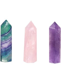 rockcloud Rockcloud Pack of 3 Healing Crystal Wands Point 6 Faceted Prism Bar Reiki Chakra Stones for Meditation Therapy Decor 2 inches, Fluorite + Rose Quartz + Amethyst 