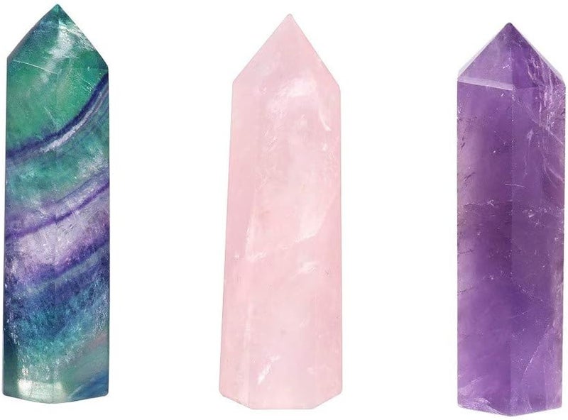 حزمة Rockcloud من 3 عصي كريستالية علاجية نقطة 6 بار Prism مزخرفة Reiki أحجار شقرا للتأمل والعلاج 2 بوصة، فلوريت + كوارتز وردي + أميثيست