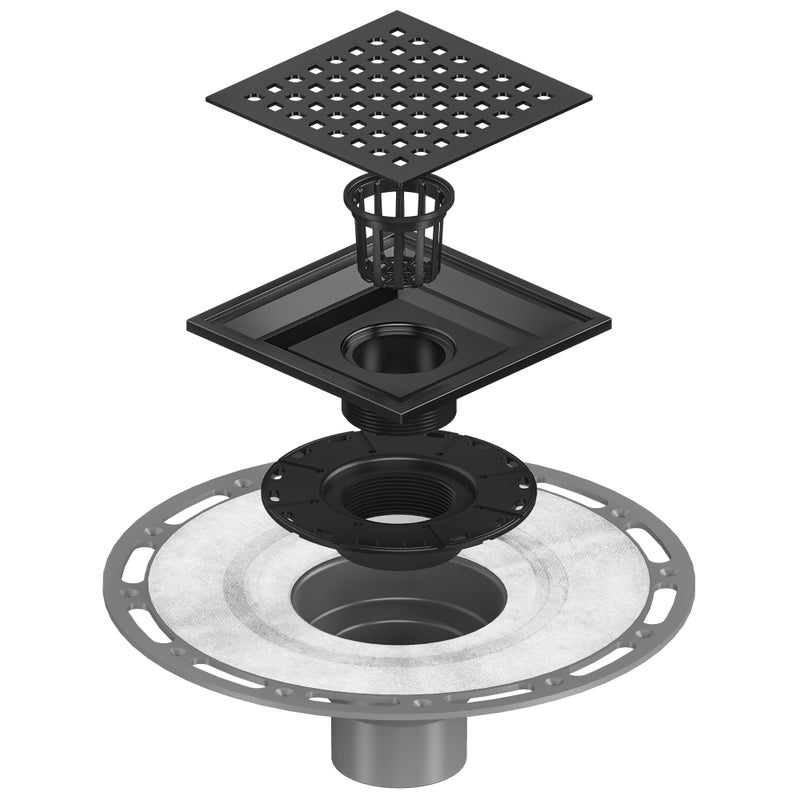 Neodrain 6 in Matte Black Square Shower Drain 304 Stainless Steel Drain Grate Removable Drain Key with Waterproof Fabric, PVC Bonding Flange Base for Low Profile Shower Pan - Image 1