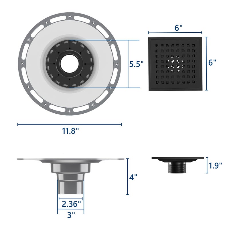 Neodrain 6 in Matte Black Square Shower Drain 304 Stainless Steel Drain Grate Removable Drain Key with Waterproof Fabric, PVC Bonding Flange Base for Low Profile Shower Pan - Image 3