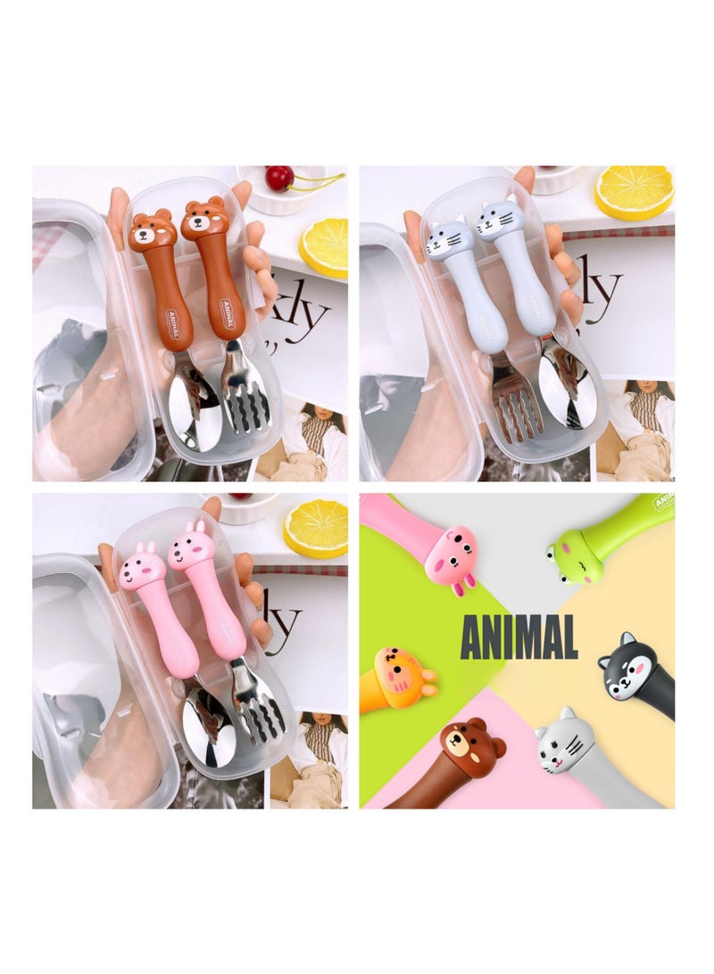 NOVOLAN Portable Children Tableware Set - 304 Stainless Steel Animal Fork & Spoon Two-Piece Set - 3 Pack with Bear, Cat, Rabbit - Includes Storage Box - Ideal for Kids' Picnics, Camping, and Parties