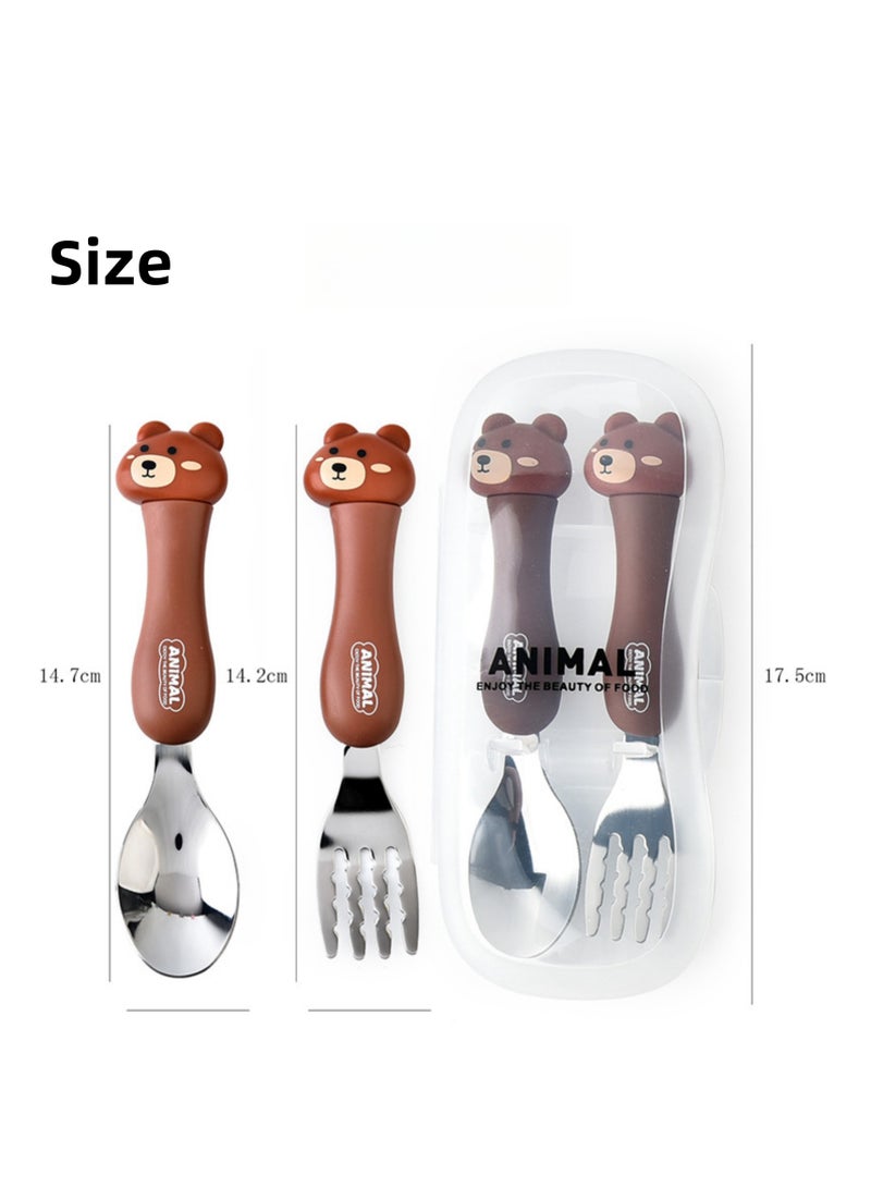 NOVOLAN Portable Children Tableware Set - 304 Stainless Steel Animal Fork & Spoon Two-Piece Set - 3 Pack with Bear, Cat, Rabbit - Includes Storage Box - Ideal for Kids' Picnics, Camping, and Parties