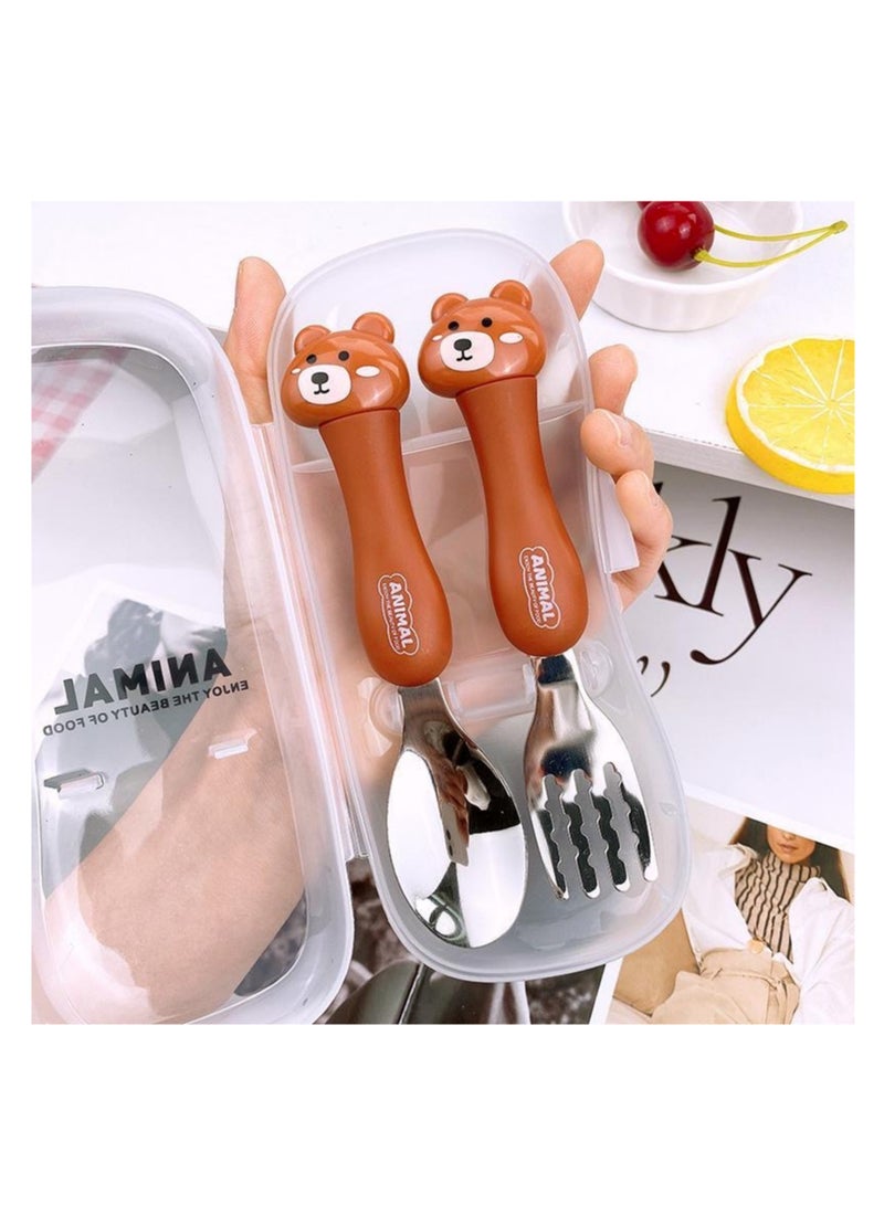 NOVOLAN Portable Children Tableware Set - 304 Stainless Steel Animal Fork & Spoon Two-Piece Set - 3 Pack with Bear, Cat, Rabbit - Includes Storage Box - Ideal for Kids' Picnics, Camping, and Parties