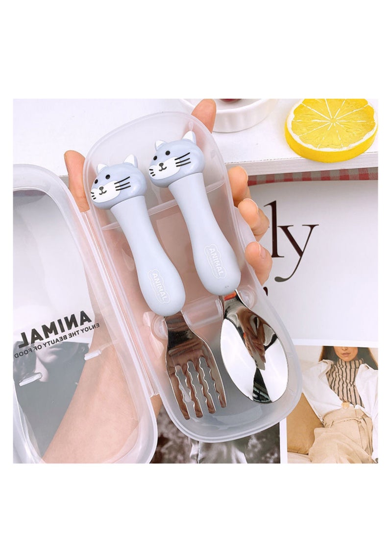 NOVOLAN Portable Children Tableware Set - 304 Stainless Steel Animal Fork & Spoon Two-Piece Set - 3 Pack with Bear, Cat, Rabbit - Includes Storage Box - Ideal for Kids' Picnics, Camping, and Parties
