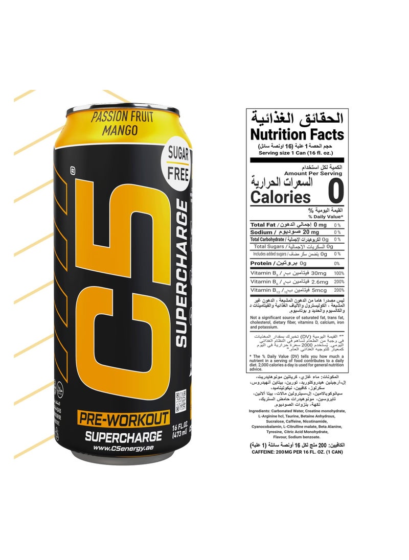 C5 Energy C5 Energy Drink Supercharge Passion Fruit Mango Pre Workout - Sugar Free, Zero Calories, 200mg High Caffeine , Creatine - Beta Alanine - Citrulline Malate - High-Performance Pre-Workout Booster Supplement Pack of 12  - Image 4